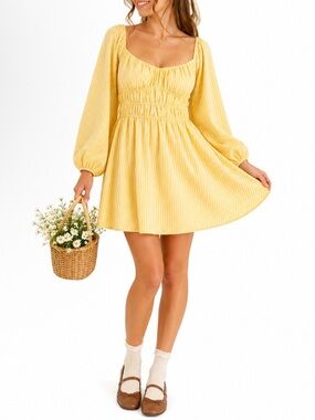 MAISON TARA Yellow Milkmaid Seersucker Blouson Smocked Dress Country Cottage 12